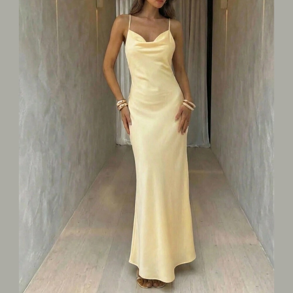 Pale Yellow Satin Cowl Neck Spaghetti Strap Maxi Dress - Picture 6 of 9